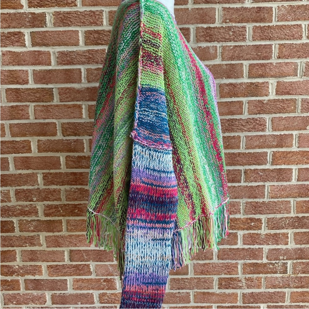 Multicolor Knit Poncho with Fringe